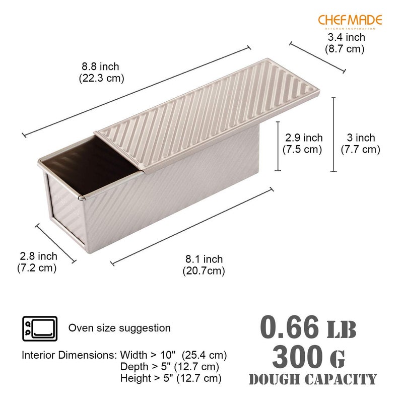 CHEFMADE Mini Pullman Loaf Pan with Lid, 0.66Lb Dough Capacity Non-Stick Rectangle Corrugated Toast Box for Oven Baking 2.8" x 8.1"x 2.8"(Champagne Gold) - Image 2